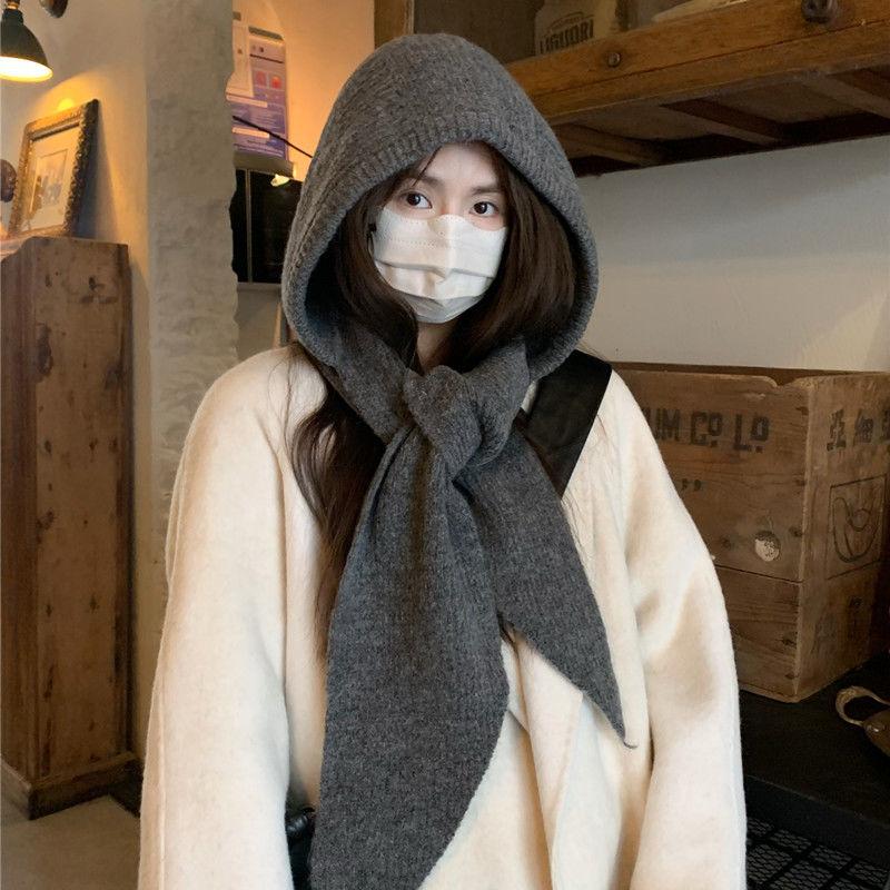 Winter Integrated Hat and Scarf for Women Connected Hooded Shawl Balaclava Extended Knitted Hat