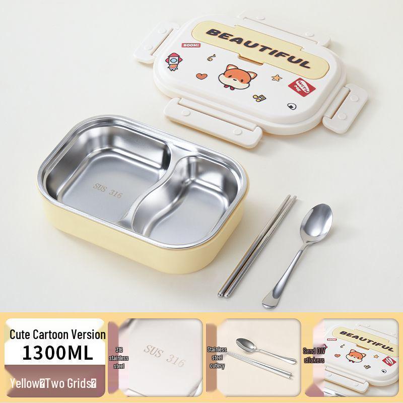 Boîte à lunch Bento pour enfants, à couvercle rabattable, en acier inoxydable 316, compatible micro-ondes, avec compartiments pour les aliments, à décorer soi-même et décorée de dessins animés.