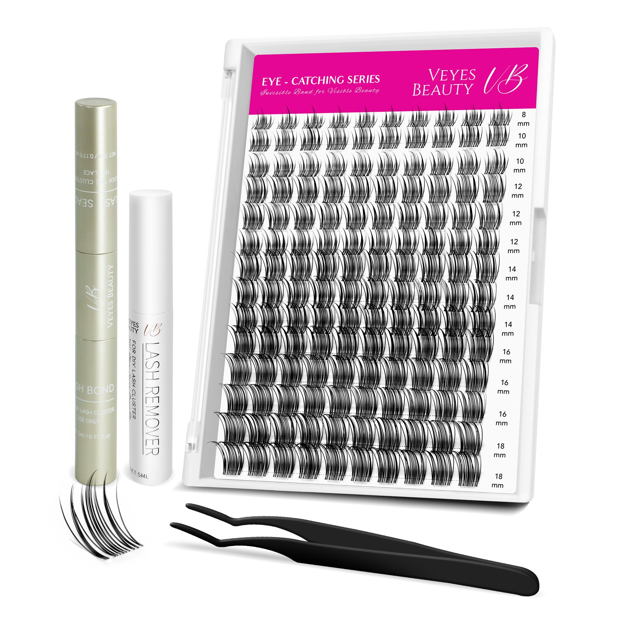 Veyesbeauty Sweetie Kępki Rzęs Dramatyczny Wygląd Dynamiczna Objętość Niewidoczna Taśma Długotrwałe i Wielokrotnego Użytku 140 Kępek 8-18mm Lash Kit czarny