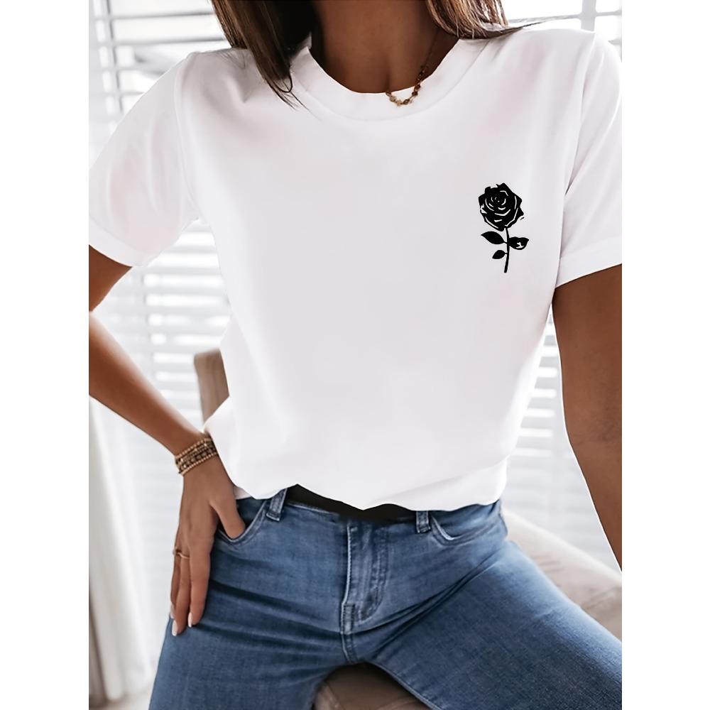 

Simple Rose Flower Printing Tops T-Shirts For Womens Fashion Casual Soft Short Sleeve Loose Tees Comfortable Clothes M