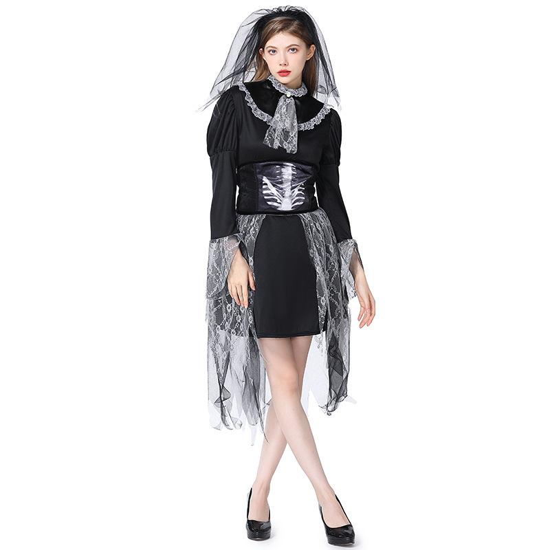 Cosplay Halloween Skull Bride Cosplay Costume Dark Ghost Bride Lace Dress Party Stage Show Costume