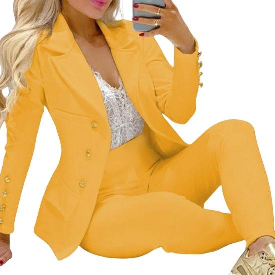 2 Pcs/Set Women Suit Coat Pants Set Lapel Button Decor Mid Length Cardigan
