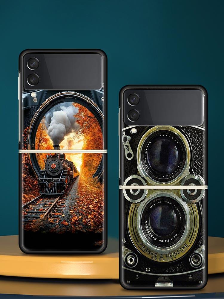 Retro Camera Hard PC Phone Case For Samsung Galaxy Z Flip 7 6 5 4 Black Cover For Galaxy Z Flip 3 Foldable Shell Fundas Capa Bag