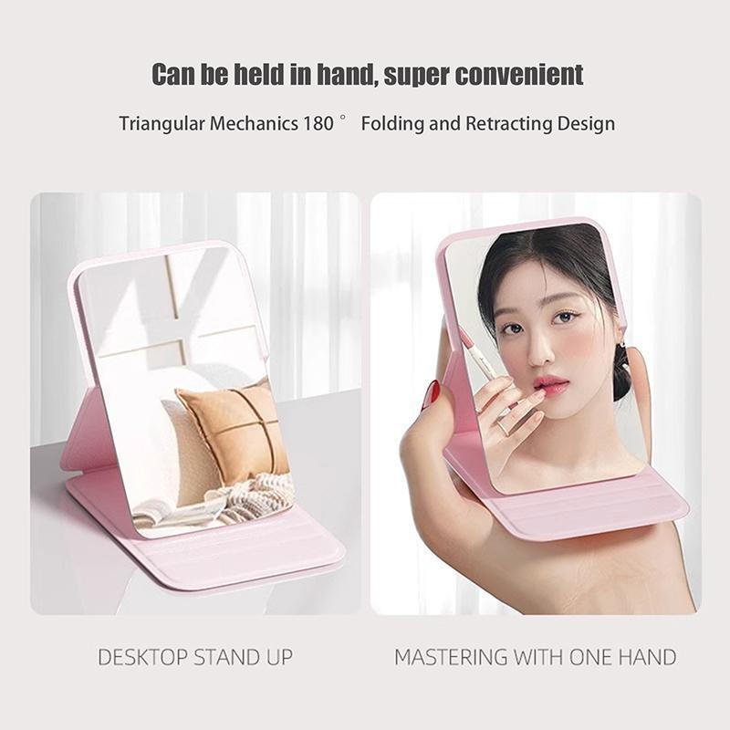 Desktop Mini Foldable Makeup Mirror Solid Color Pu Leather Simple Portable Wear-Resistant Student Compact Handheld Makeup Mir