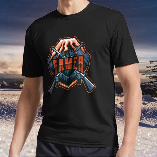 

New item Gamer with Two Guns and Volcano Logo TEE T-Shirt Funny Size S to 5XL 4XL