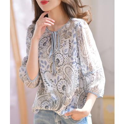 Temperament Lace-up Shirt Women's New Spring Clothing Retro Cashew Print Top Chic Shirt