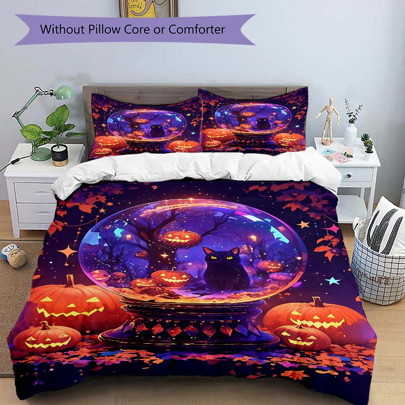 3pc Halloween Cat Cover Set - 1 Quilt Cover + 2 Pillowcases, All Seasons Bedroom Setting, Perfect for Home088