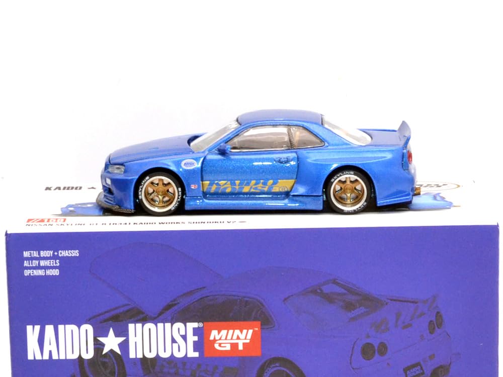 MINI GT Масштаб 1:64 KAIDO HOUSE - NISSAN SKYLINE GT-R R34 KAIDO WORKS SHINJYUKU V2 - СИНИЙ (KHMG158) розовый