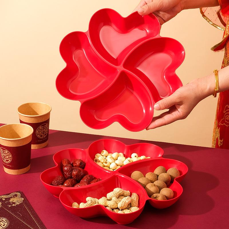 Wedding Happy Clover Four-Grid Fruit Plate Household Living Room Coffee Table Plastic Red Fruit Snacks Dessert Plate