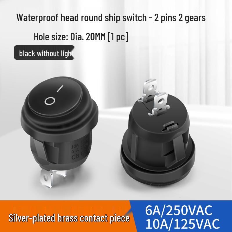 Waterproof Round Boat Rocker Switch with Illuminated Button, 2 Pins, 6A 250V, 20mm Hole