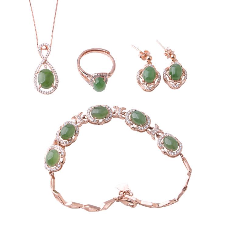 Bridal 4-Piece Set: Rose Gold Plated 925 Silver Earrings, Ring, Necklace with Jasper and Hetian Jade