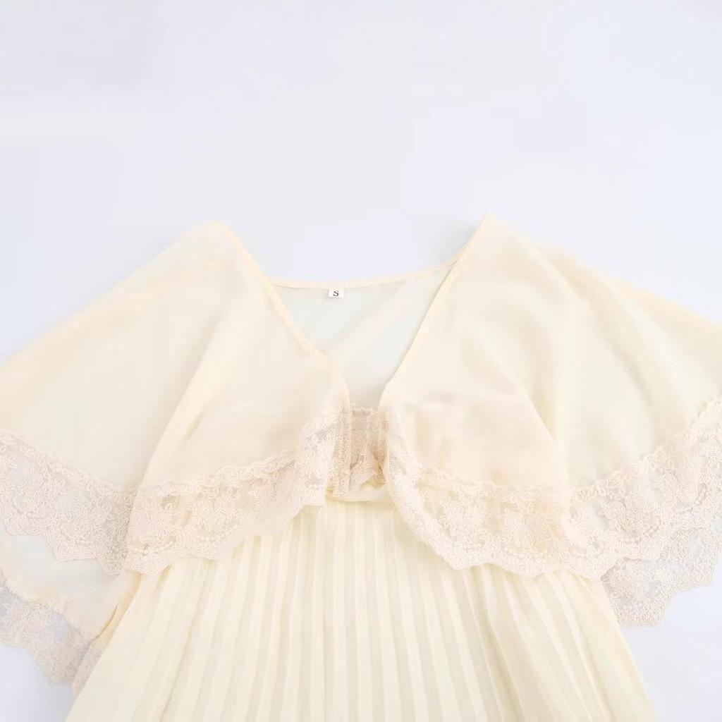 Spring 2025 Women's European-American Fashion V-Neck Lace Patchwork Pleated Long Dress