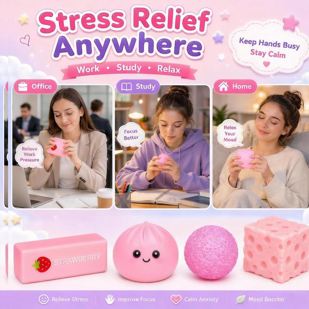 4-Pack Squishy Stress Relief Set, Slow Rising Malt Sugar Squeeze Fidget Toys, Fun Desk Accessories and Gift Set(Pink)