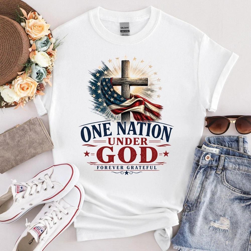 One Nation Under God Shirt Patriotic Christian TShirt Memorial Day Cross S