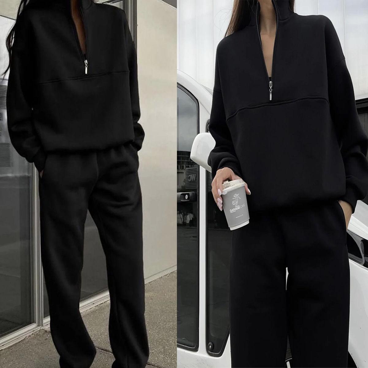 

Autumn and Winter Women s Versatile Casual Fashion Thickened Sports Sweatshirt Warm Two-piece Suit 2XL чорний