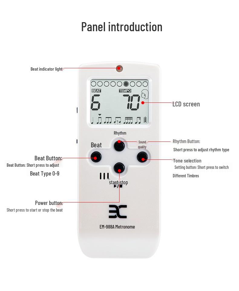 Yinuo 988A Dobíjecí elektronický metronom pro zpěv, kytaru, housle, bicí, klavír a další nástroje.
