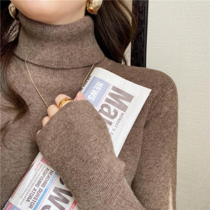 Dámský podzimní zimní svetr s hřejivým límcem, vnitřní vrstva, vlna, rolák, zesílený, teplý, slim-fit, pletenina s dlouhým rukávem