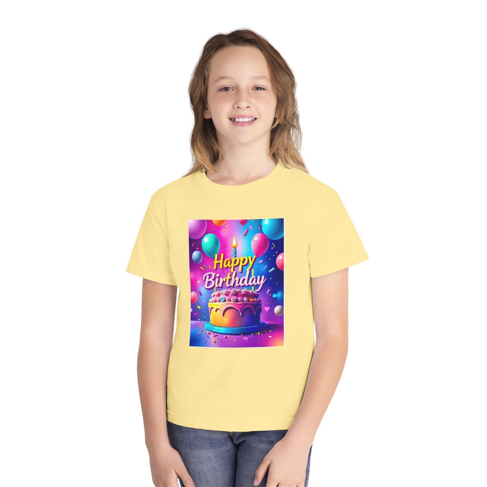 Happy Birthday Cake illustration Youth Tee | Colorful Balloons Birthday Shirt 100