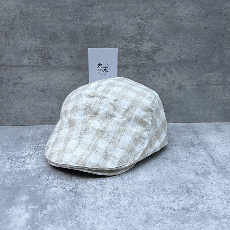 Cotton And Linen Plaid Breathable Forward Hat Casual Face Peaked Cap Women S Summer Retro Japanese Retro Newsboy Hat M（56-58cm）