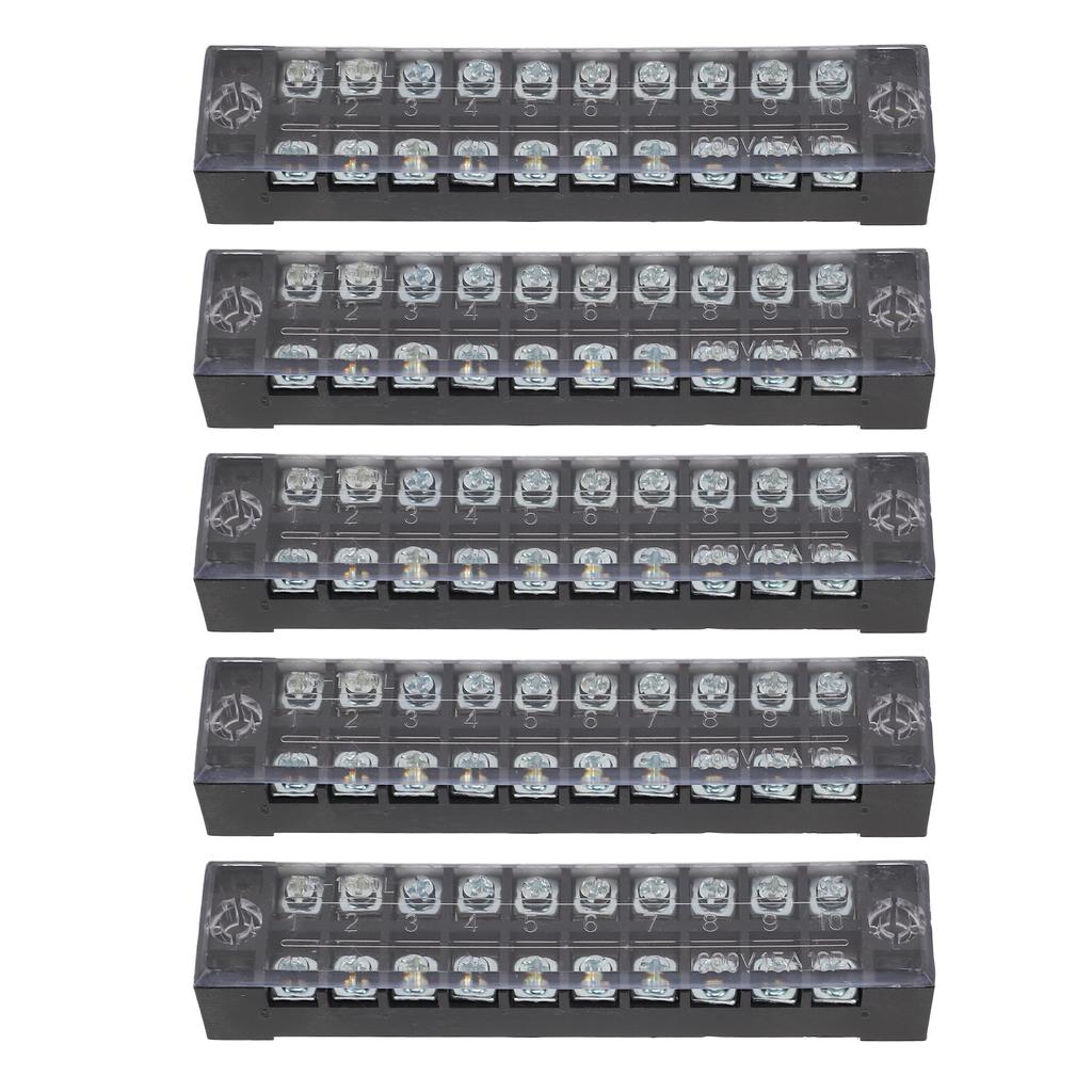 5 Set 10 Position Terminal Block Connector Strip Kit Dual Row Screw Pre Insulated Jumper 15A 600V