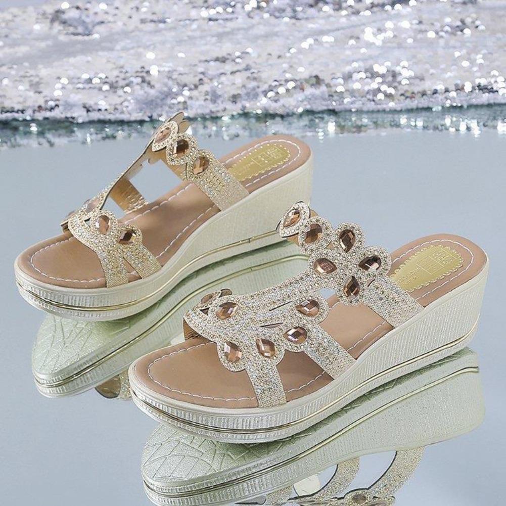 Fashion Women Sandals Summer Fashion High Heel Sandals Crystal Casual Shoes High Heels Rhinestone Thick-soled Wedge Slippers