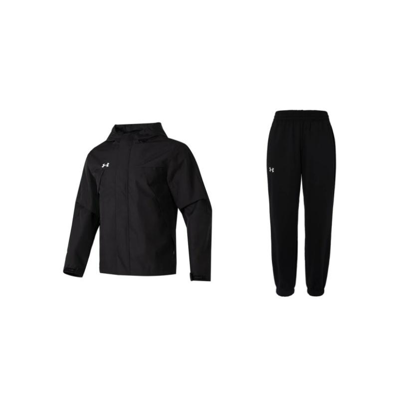 Under Armour Hooded Zip-Up Solid Color Long Sleeve Mid-Waist Elastic Pants Casual Sports Set Unisex sets Black 24600705-001+23600401-001