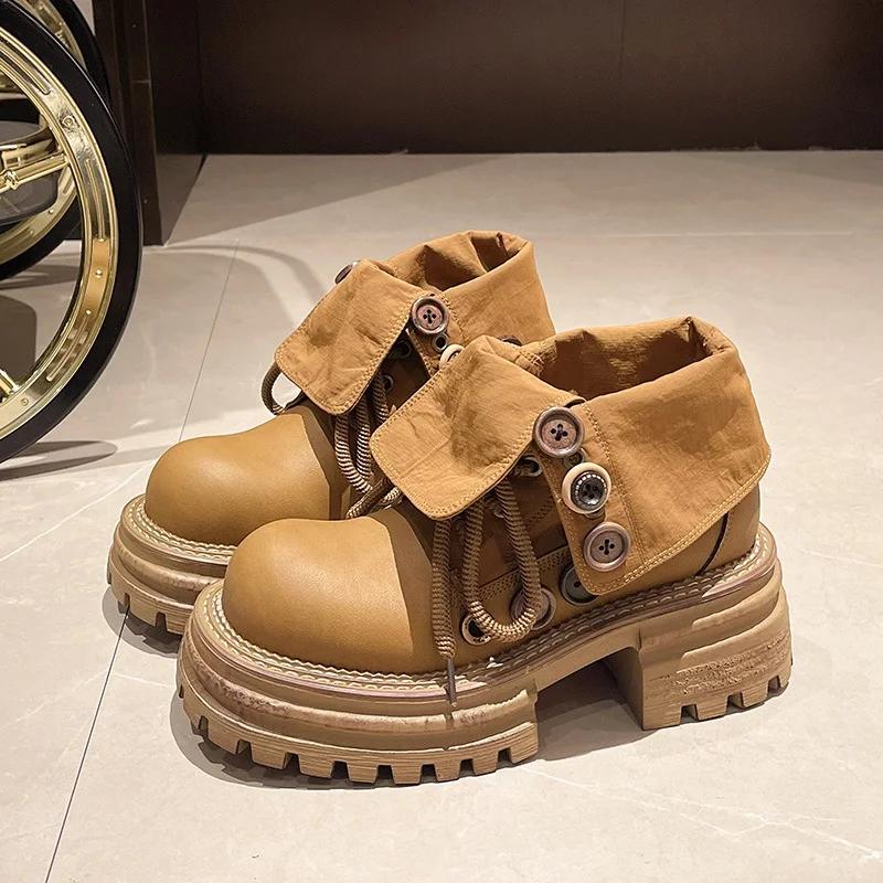 

Women s Two-Way Wear Boots Thi Bot Button Flip Collar Yellow Work Boots Platform Motorcycle Ort Boots Sweet Sle 35 хаки