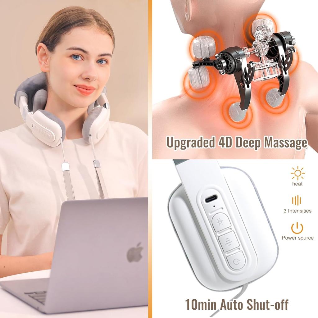 Neck Massager for Neck Pain Relief, 4D Deep Kneading Massagers with 3 Massage Nodes, Cordless Neck and Shoulder Massage with Heat for Neck, Back &