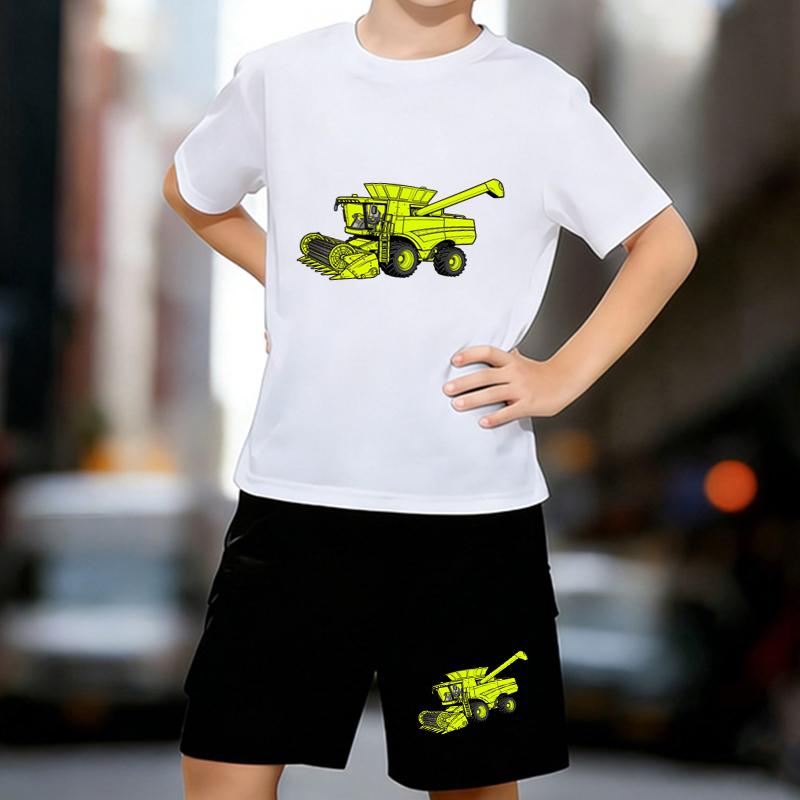 

Boys 2 Piece Cartoon Harvester Print outfit, Short Sleeve T-Shirt and Shorts Set for Kids Age 5-14,Black ,White Sporty Casual Summer Clothes 13-14 Years білий