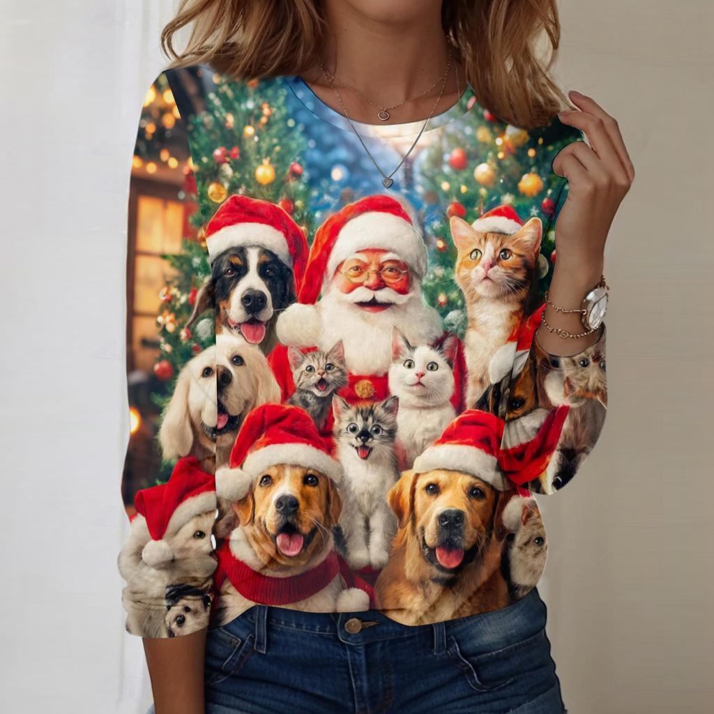 Christmas Limited Edition Women's 3D Christmas Gift Kitten Print Round Neck Long Sleeve Hoodie Fashion Casual Long Sleeve Top