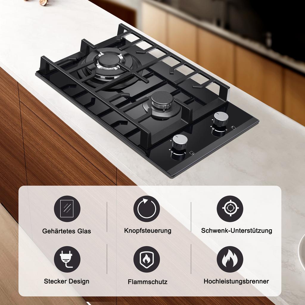 TopStrong 30cm Tempered Glass Gas Cooktop with Cast Iron Supports, 5200W, Black, Easy Installation