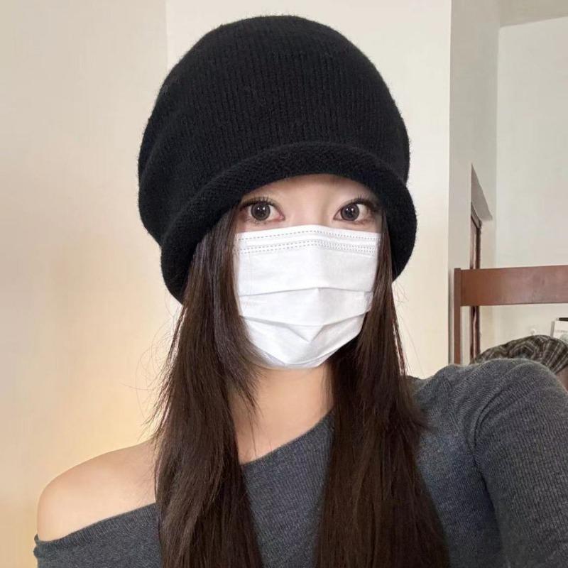 Autumn and winter cold hat women's crimping drawstring stacking hat showing small face big head circumference knitted hat pure cotton high sense