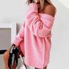 Autumn and Winter Solid Color V-neck Pullover Sweater Casual Loose Long-sleeved Off-shoulder Pink Sweater