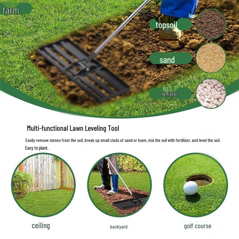 Stainless Steel Lawn Leveling Rake - Detachable Sand Leveler and Organizer Small (43x26 cm)