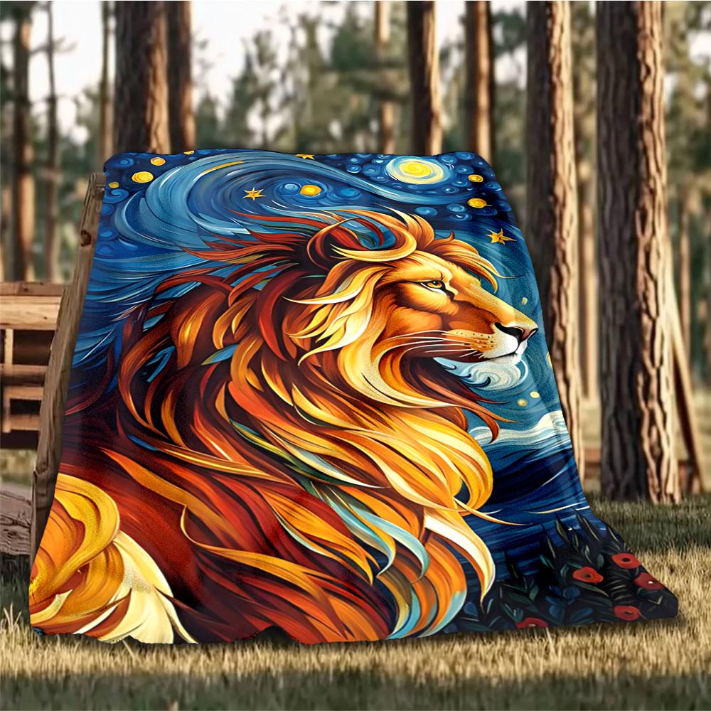 1pc Lion Night Sky Throw Blanket Polyester Fiber, Lightweight Flannel, Soft & Warm, All Season Use for Outdoor, Camping Digital Print