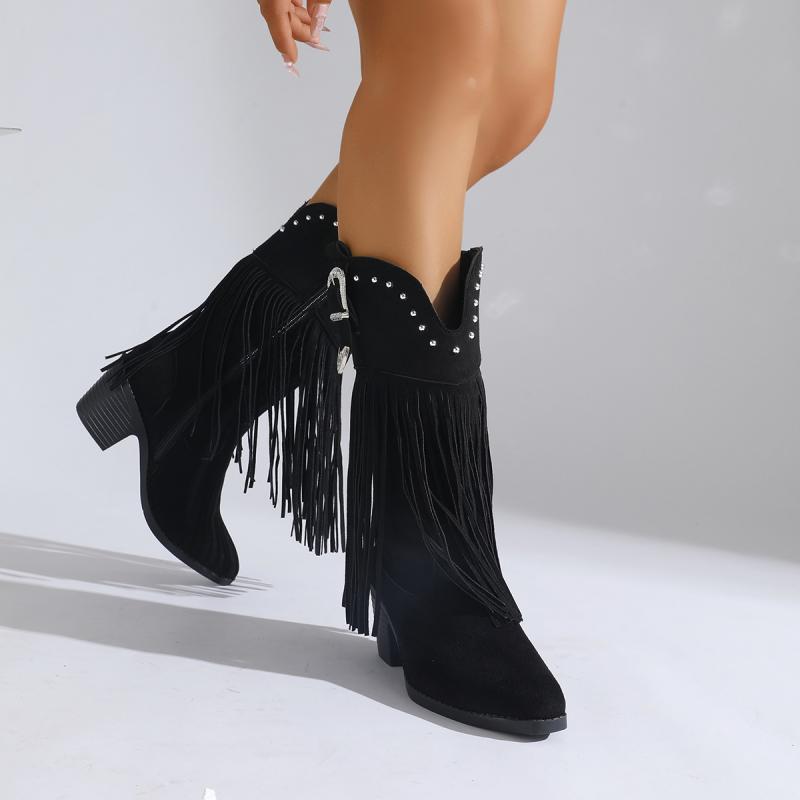 Pointed Toe Thick Heel Western Fringed Riding Boots Autumn Winter Women's Suede Tassel Ankle Boots Retro Knee High Booties 43