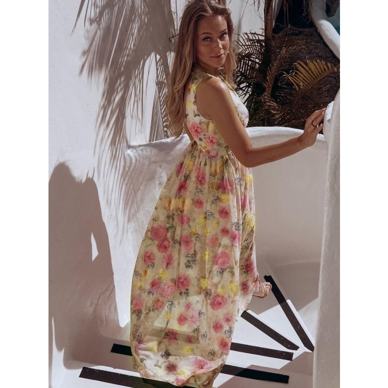 Fashion V Neck Sleeveless Floral Printed Chiffon A-line Dress Elegant Women Vacation Beach Casual Simple Split Party Long Dresses Female Clothing