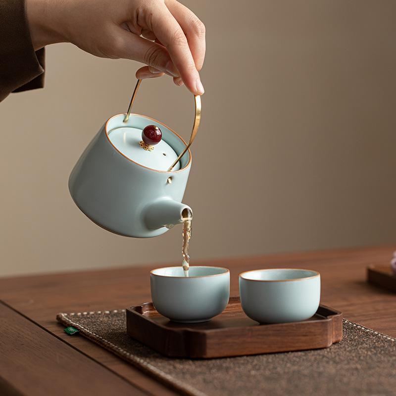 Ru Kiln Tianqing Beam Pot Chinese Retro Ceramic Teapot Health Pot Kettle Tea Single Pot Kung Fu Tea Set Tea Cup