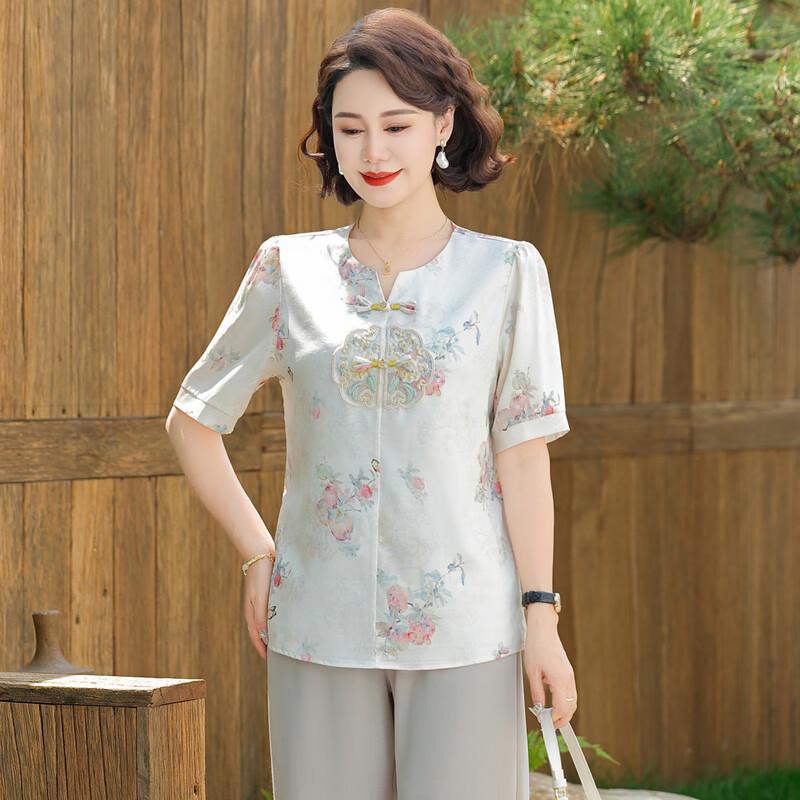 YUZHAOLIN Mid-Aged Women's Traditional Style Short Sleeve Two-Piece Set