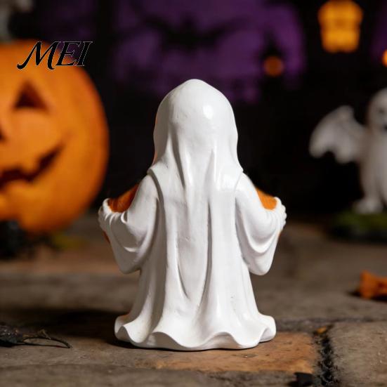 Durable Resin Halloween Ornament White Ghost Pumpkin Statue, Spooky Holding Mini Unique Sculpture for Office Figurine Garden Yard Tabletop Mantel Home