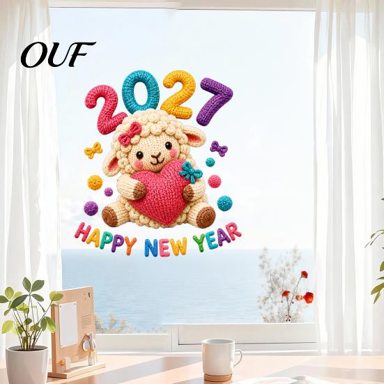 Cute Lamb Window Decals Chinese New Year Stickers, 2027 Goat Static Clings, No Glue Decorations Crochet Knit Sheep Decals, Reusable Decor for