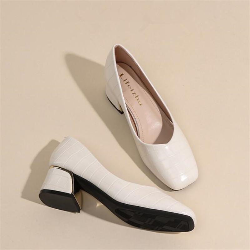 New Designers Classics Square Toe Chunky Heel Women Pumps High Heels Work Shoes Elegant Black White Office Ladies Shoe Size35-43