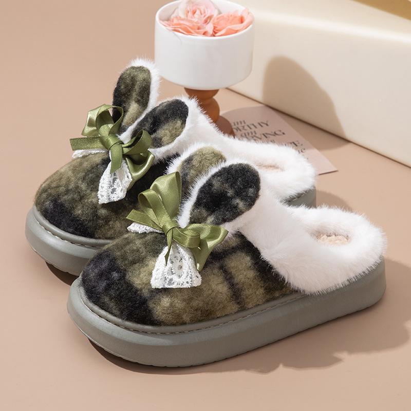 Thick-bottomed cotton slippers autumn and winter bow new home use velvet warm non-slip slippers winter