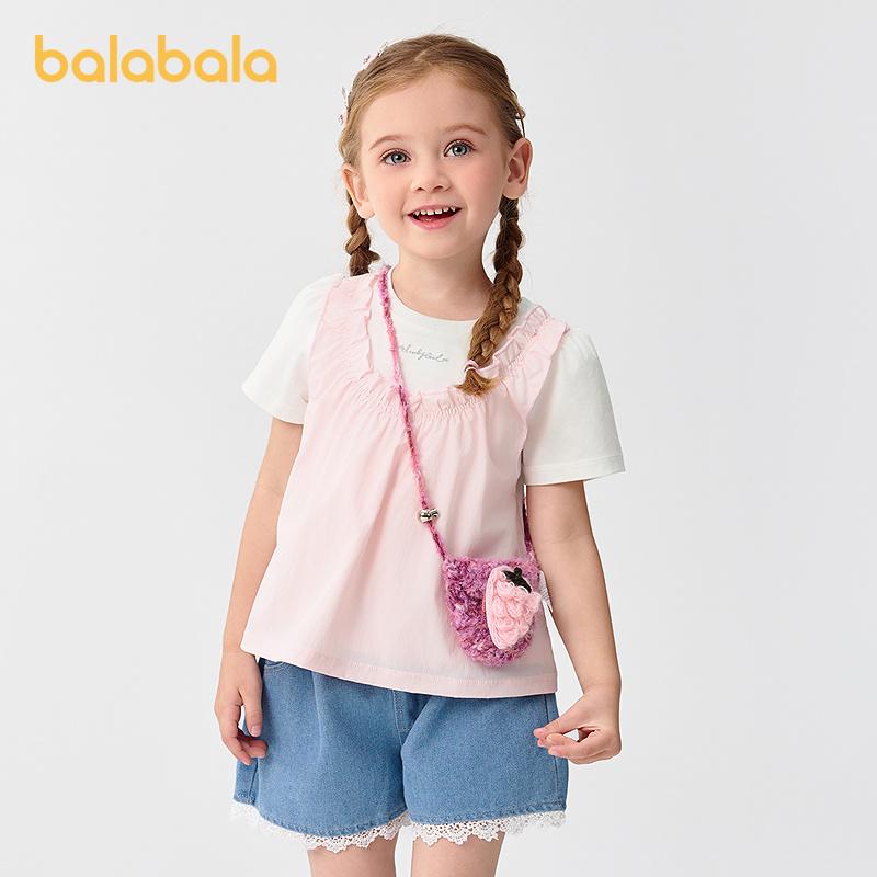 Balabala Children's Clothing Baby Short Sleeved Girls' T-shirt Children's Top Fake Two Pieces 2025 Summer New Cute and Sweet