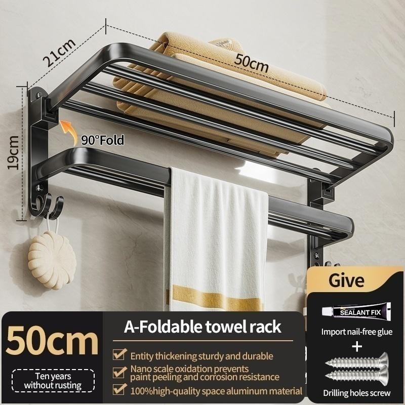 No Drill Bathroom Hardware Towel Rack Black 50CM-60CM Folding Aluminum Towel Rack Holder With Hook Towel Holder Tissue Holder