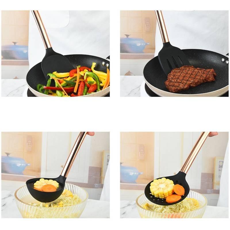 Mångsidigt Svart Silikon och Rostfritt Stål Köksredskapsset Tolvdelat Non-stick Matlagningsnödvändigheter