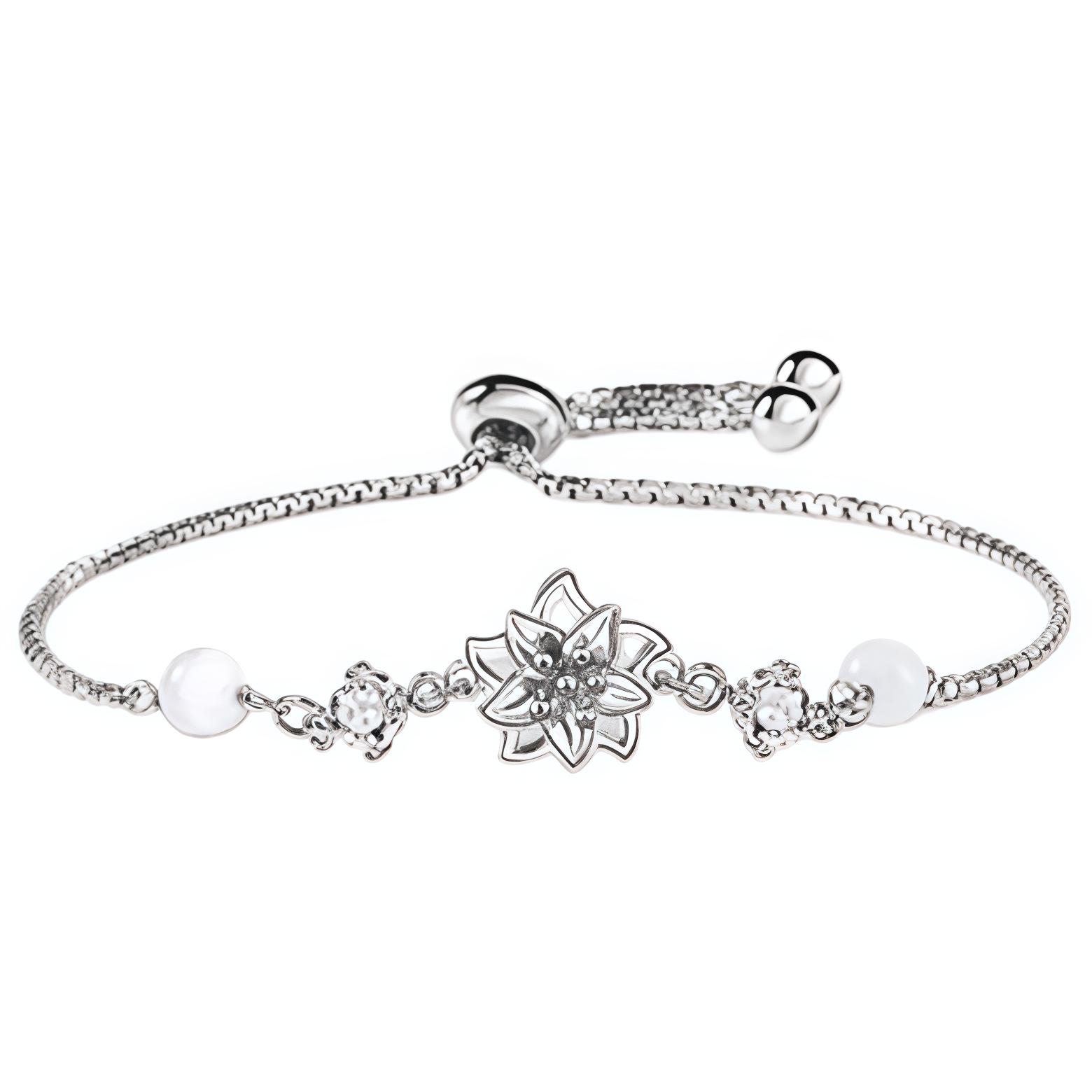 Sterling Silver Jasmine Flower Cat s Eye Adjustable Bracelet - Luxury Gift for Girlfriend Sterling Silver
