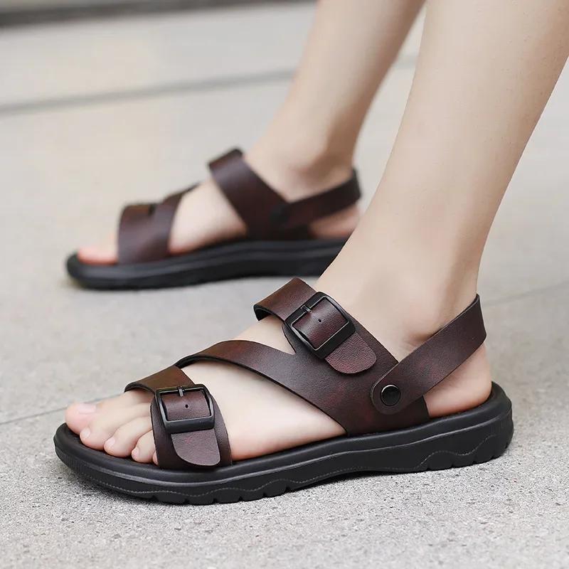 Fashion Summer Comfortable and Non slipSandals for Men Outdoor Casual Sport Leather Slippers  Breathable Beach Flip-Flop Garden Shoe