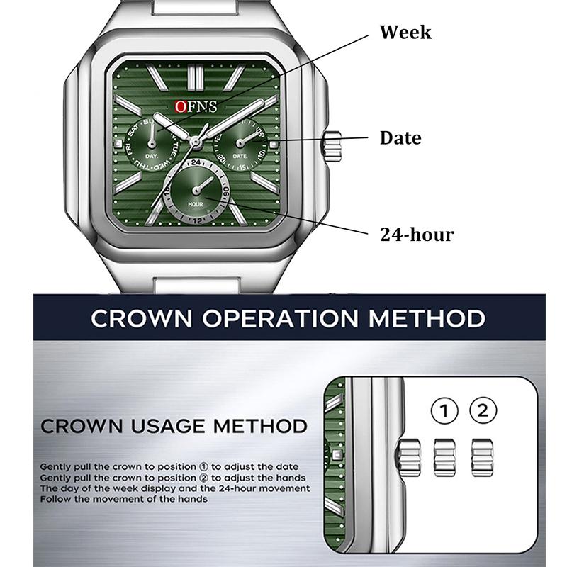 Men's Multifunction Watch Square Dial Classic Fashion Style Luminous Waterproof Steel/Silicone Strap Quartz Wristwatch Male