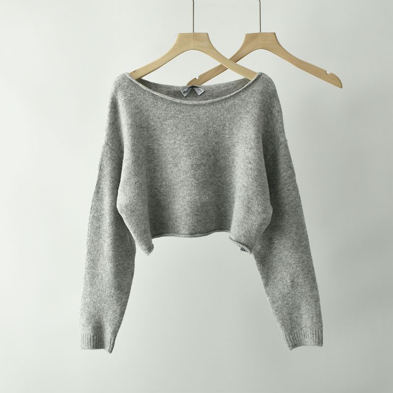 

Sicilian Curling Fashion Style Sweater Pullover Women s Autumn and Winter Loose Slim Looking Outer Wear Short Sexy Long Sleeves Knitwear Grey XS